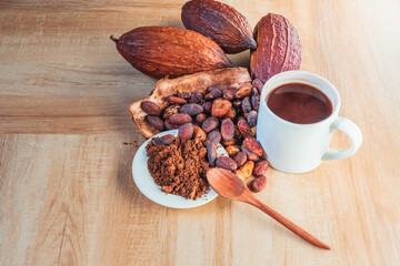 Hot cocoa cup with cocoa powder and cocoa beans on wooden background