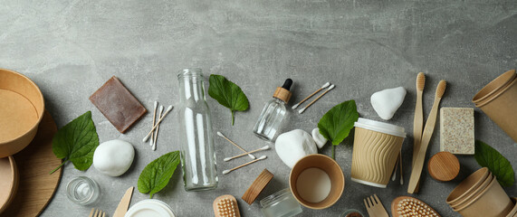 Eco friendly zero waste concept on gray textured background