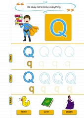 Letter Q.Learn Alphabet letters and coloring graphics printable worksheets for preschool and kindergarten kids. Letter Q.jpg