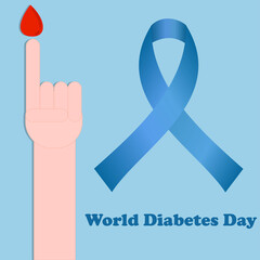 Hand, finger and blood.14th November.World diabetes day.Blue ribbon awareness.Poster or banner design.Sign, symbol, icon or logo isolated.Vector illustration.