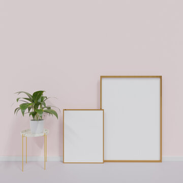 Two wooden vertical frames mockup in living room interior with pink wall, white floor, dried Pampas grass and Japandi style decor on empty wall background. 3D rendering, illustration