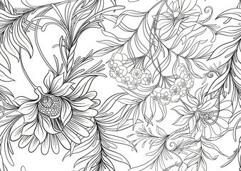 Seamless pattern, background with decorative flowers in art nouveau style, vintage, old, retro style. Vector illustration.