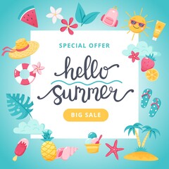 Summer sale banner. Hand drawn lettering and cute cartoon elements. Vector illustration