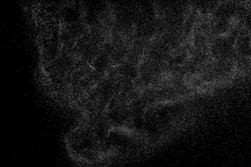Distressed white grainy texture. Dust overlay textured. Grain noise particles. Snow effects pack. Rusted black background. Vector illustration, EPS 10.  