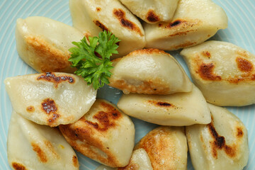 Concept of tasty food with vareniki or pierogi, close up