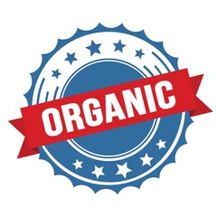 ORGANIC text on red blue ribbon stamp.