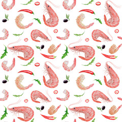 Pattern with shrimps and hot peppers. The image is hand-drawn and isolated on a white background. Watercolour painting.