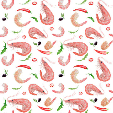 Pattern with shrimps and hot peppers. The image is hand-drawn and isolated on a white background. Watercolour painting.
