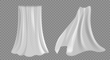 Set of isolated curtain, tulle on transparent. White curtains, transparent tulle for a door or window opening.