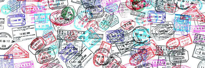 Panoramic background of passport stamps, visas travel concept web banner - obrazy, fototapety, plakaty