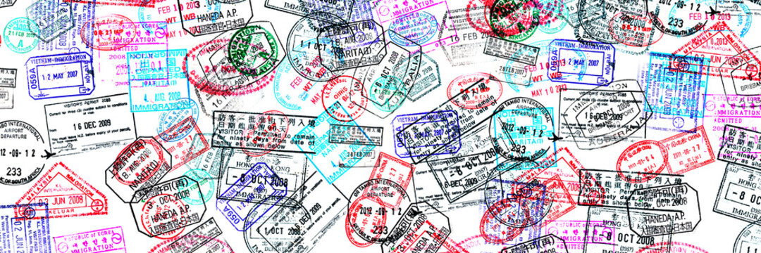 Panoramic background of passport stamps, visas travel concept web banner