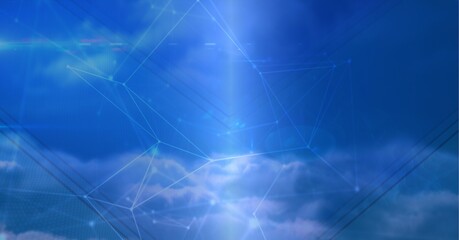 Digitally generated image of network of connections over blue sky against blue technology background