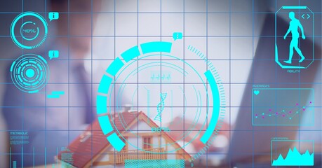 Digital interface with medical data processing against businessman using laptop