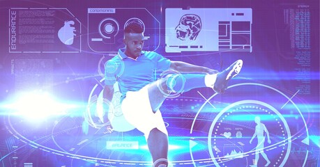 Digital interface with medical data processing against male soccer player kicking the ball