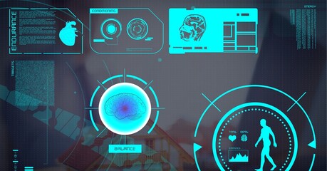 Digital interface with medical data processing against businessman using laptop