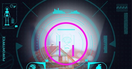 Digital interface with medical data processing against businessman using laptop