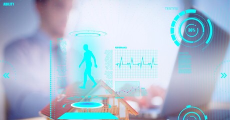 Digital interface with medical data processing against businessman using laptop