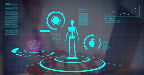 Digital interface with medical data processing against businessman using laptop