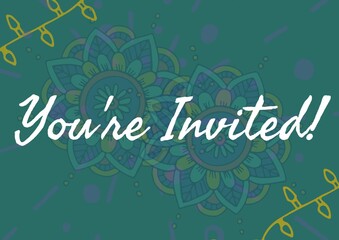 You are invited text against colorful floral designs on green background