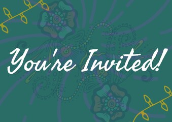 You are invited text against colorful floral designs on green background