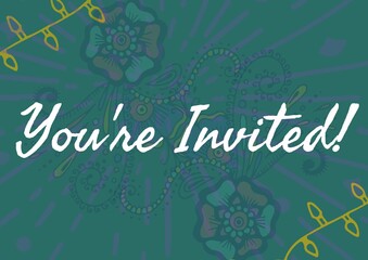 You are invited text against colorful floral designs on green background