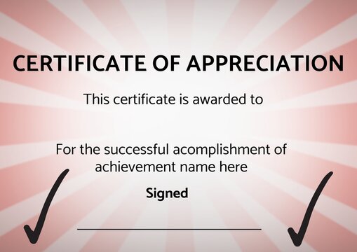 Template of certificate of appreciation with copy space against pink radial background