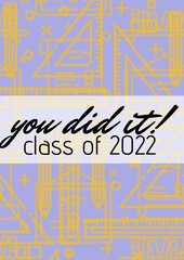 You did it class of 2021 text against geometrical equipment icons on purple background