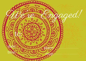 We are engaged text with copy space against decorative floral designs on yellow background