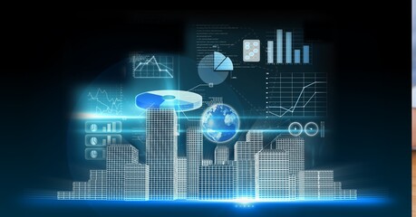 Digital interface with data processing over 3d cityscape model against black background