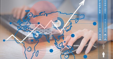 Digital interface with data processing over world map against mid section of person using computer