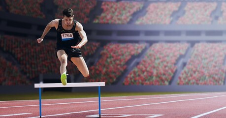 Caucasian male athlete jumping over a hurdle against sports stadium in background
