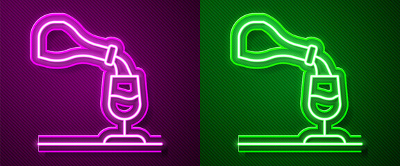 Glowing neon line Wine tasting, degustation icon isolated on purple and green background. Sommelier. Smells of wine. Vector