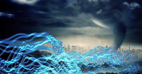 Glowing blue digital waves against thunderstorm and dark clouds against view of cityscape
