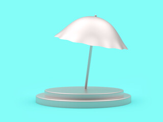 Silver beach umbrella on a pedestal on blue. 3d illustration 