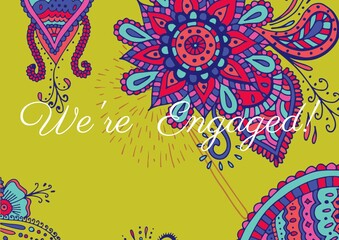 We are engaged text against colorful decorative floral designs on yellow background