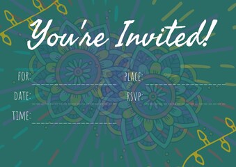 You are invited text with copy space against decorative colorful floral designs on green background