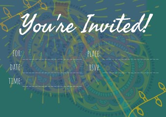 Fototapeta premium You are invited text with copy space against decorative colorful floral designs on green background