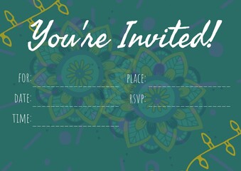 You are invited text with copy space against decorative colorful floral designs on green background