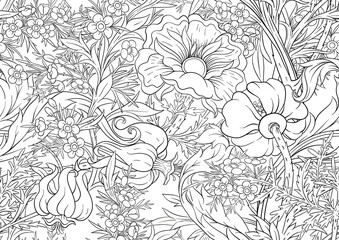 Floral Seamless pattern, background with In art nouveau style, vintage, old, retro style. Outline graphic vector illustration..