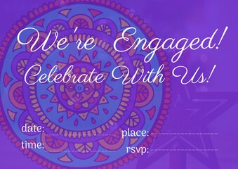 Obraz premium Engagement and celebration text with copy space against colorful floral design on purple background