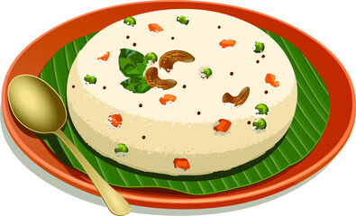 Vector illustation of Upma made of samolina or rava upma, most famous south indian breakfast item which is beautifully arranged in a plate and garnished with fried cashew nut and curry leaves  with a 