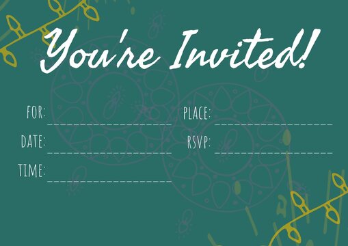 You are invited text with copy space against decorative colorful floral designs on green background