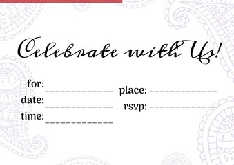 Celebrate with us text with copy space against decorative floral designs on white background