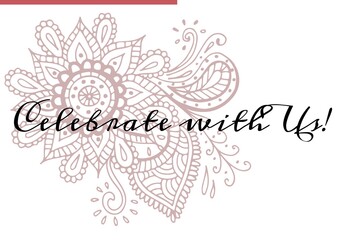 Celebrate with us text against decorative floral design on white background