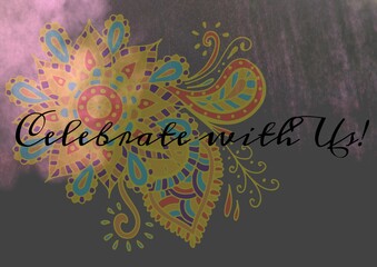 Obraz premium Celebrate with us text against colorful floral design and pink smoke effect on grey background