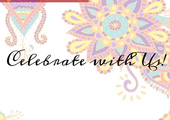 Celebrate with us text against colorful decorative floral designs on white background