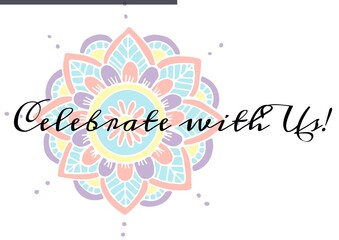 Celebrate with us text against colorful decorative floral design on white background