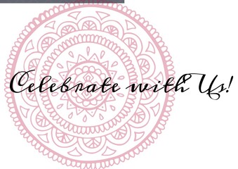 Celebrate with us text against decorative floral design on white background