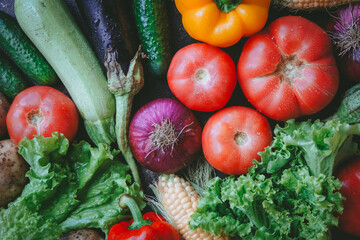 Mix of vegetables and herbs on a dark background, Harvest, Top view, Selective focus