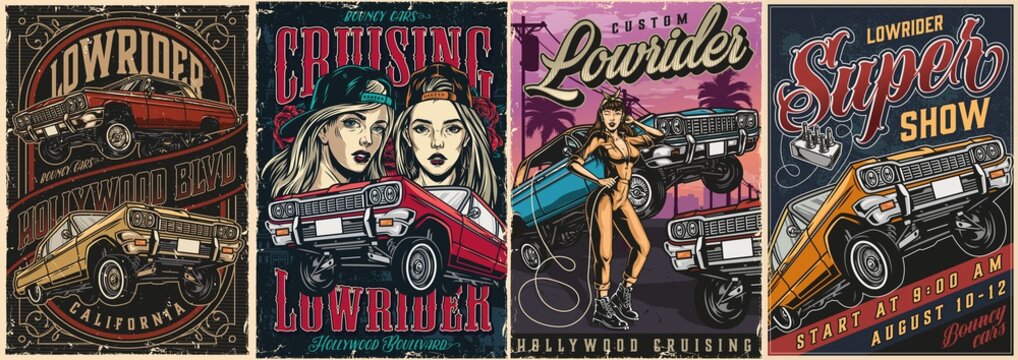 Lowrider custom cars vintage colorful posters